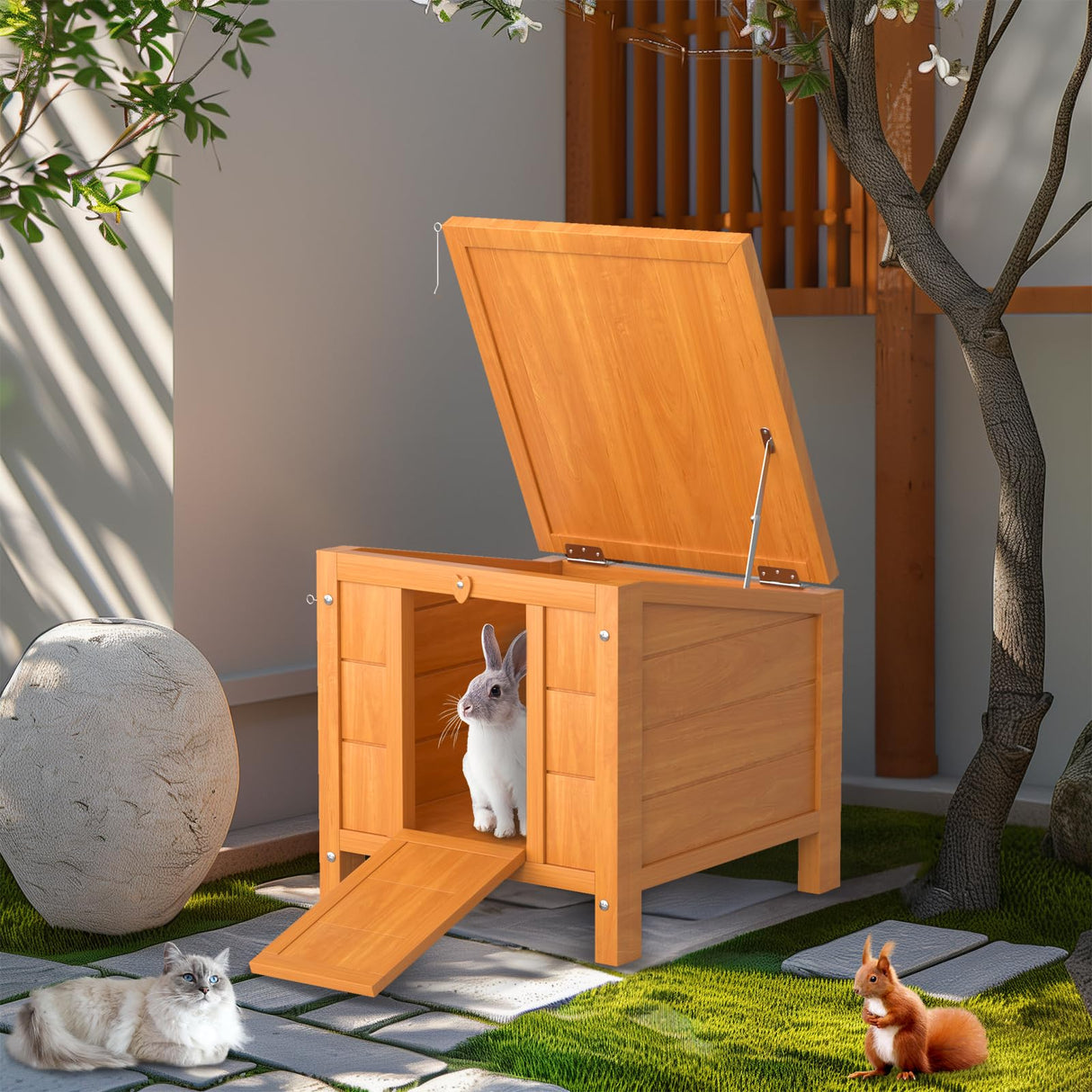 Wooden Rabbit Hutch Indoor and Outdoor, Weatherproof Cat House Hideout, Guinea Pig Cages with Lockable Door, Idea for Squirrel, Ducks, Tortoises, Pigeons, Small Animal - 16.93"L x 16.54"W x 20.08"H B