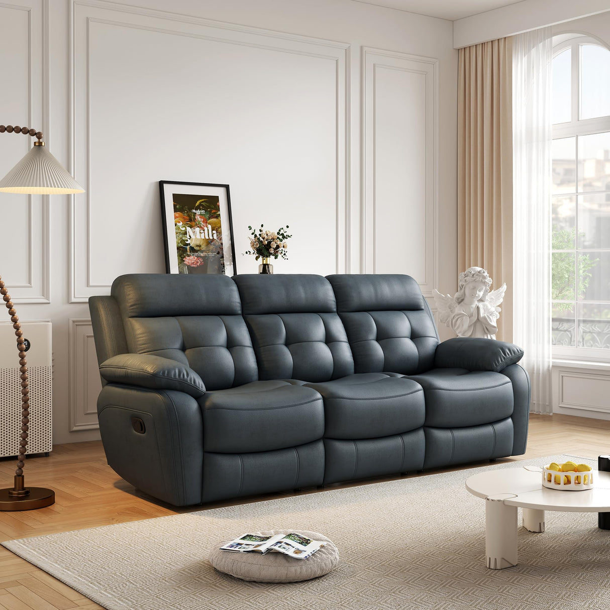 Familymill Genuine Leather Manual Reclining Sofa Couch with Drop Down Table, Stainless Steel Cupholders, and Magazine Bag for Living Room Home Theater Office Familymill