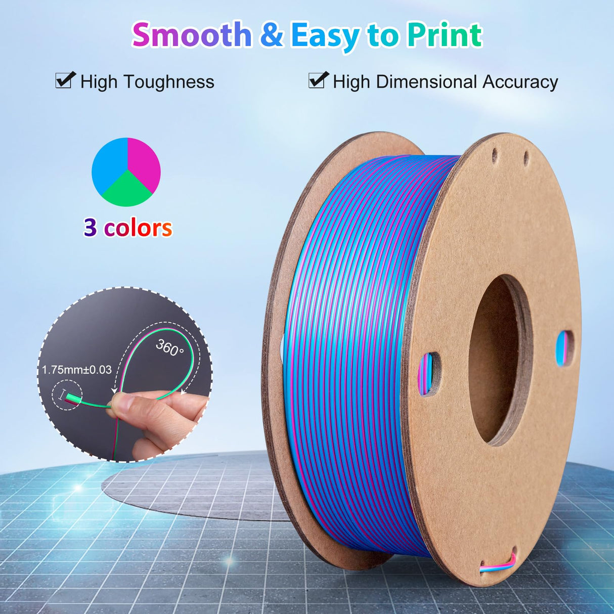 3Dgenius Silk PLA 3D Printer Filament Triple Color Silk PLA Filament 1.75mm 3D Printing Filament Fit Most FDM Printers, 250g Spool(0.55lbs), 3 in 1 Color Rose Red Sky Blue Green 3Dgenius