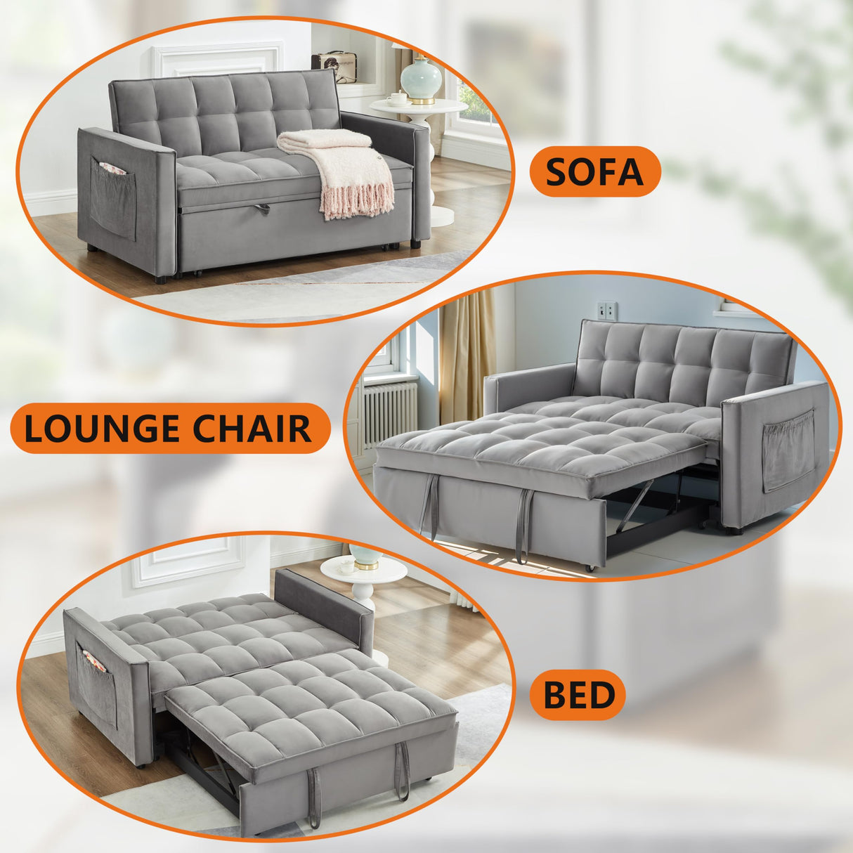 Gexpusm 3 in 1 Convertible Sleeper Sofa Bed, Modern Velvet Futon Couch Pullout Bed, Love Seat Lounge Sofa w/Reclining Backrest, Pockets, Grey Gexpusm