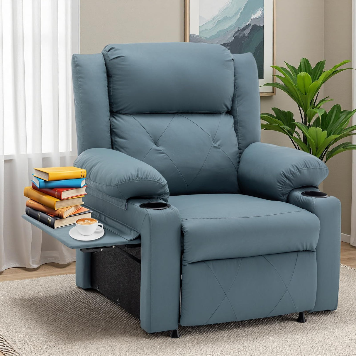 Homvinax Power Recliner Chair with Vibration Massage & Heat,Upholstered Faux Leather Single Reclining Sofa with Side Pockets Side Table for Living Room, Home Theater (Blue) Homvinax