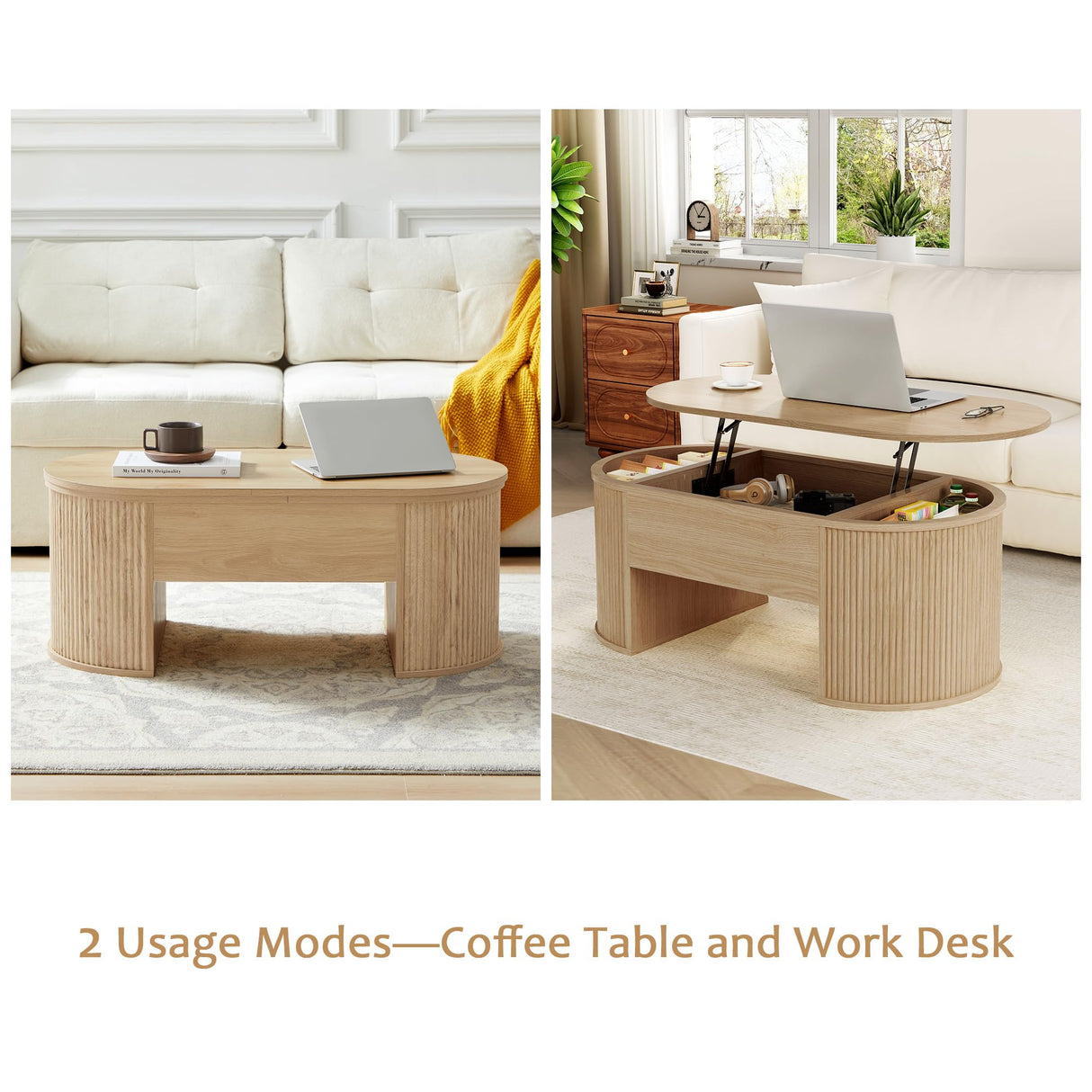 QHITTY Fluted Coffee Table with Lifting Top, Oval Wood Lift Top Coffee Table with Hidden Compartment, Mid Century Pull up Center Tables for Living Room, Office - Natural QHITTY