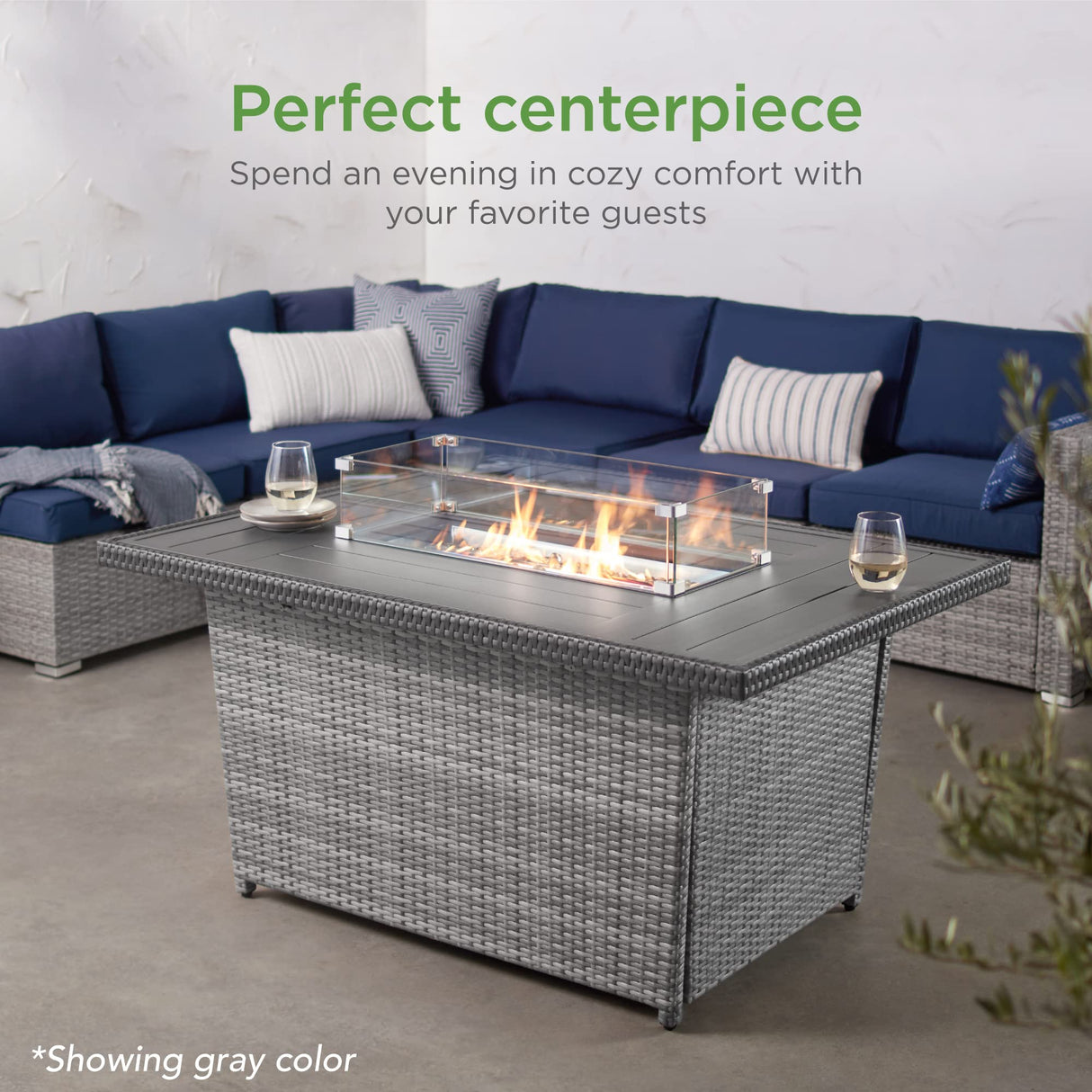 Best Choice Products 52in 50,000 BTU Outdoor Wicker Patio Propane Gas Fire Pit Table w/Aluminum Tabletop, Glass Wind Guard, Clear Glass Rocks, Cover, Slide Out Tank Holder, and Lid - Gray Best Choice Products