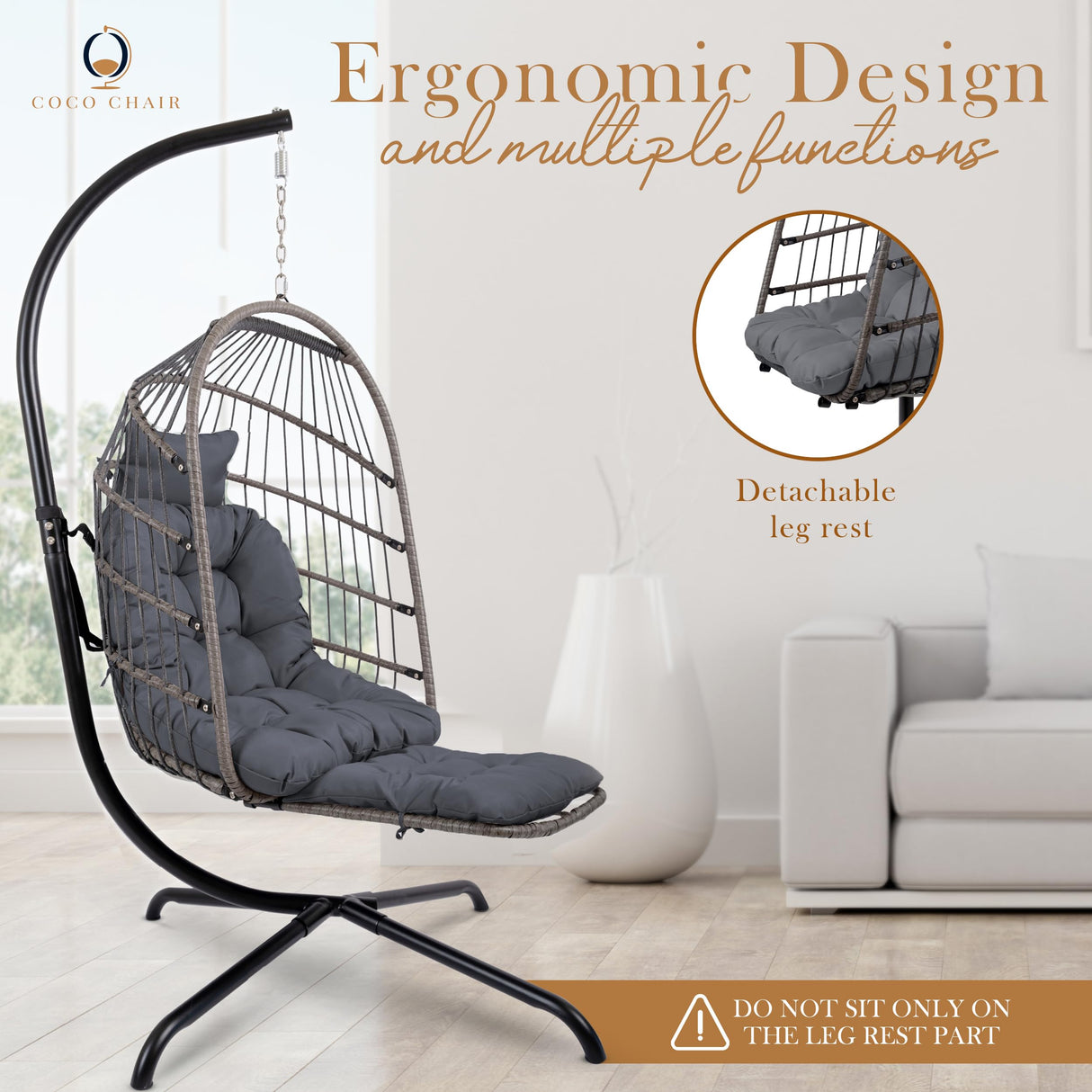 Coco Chair Hanging Egg Chair with Stand & Leg Rest | Modern Outdoor Egg Chair with Pillow | Foldable Swing Chair for Indoor & Outdoor | Dark Gray coco chair