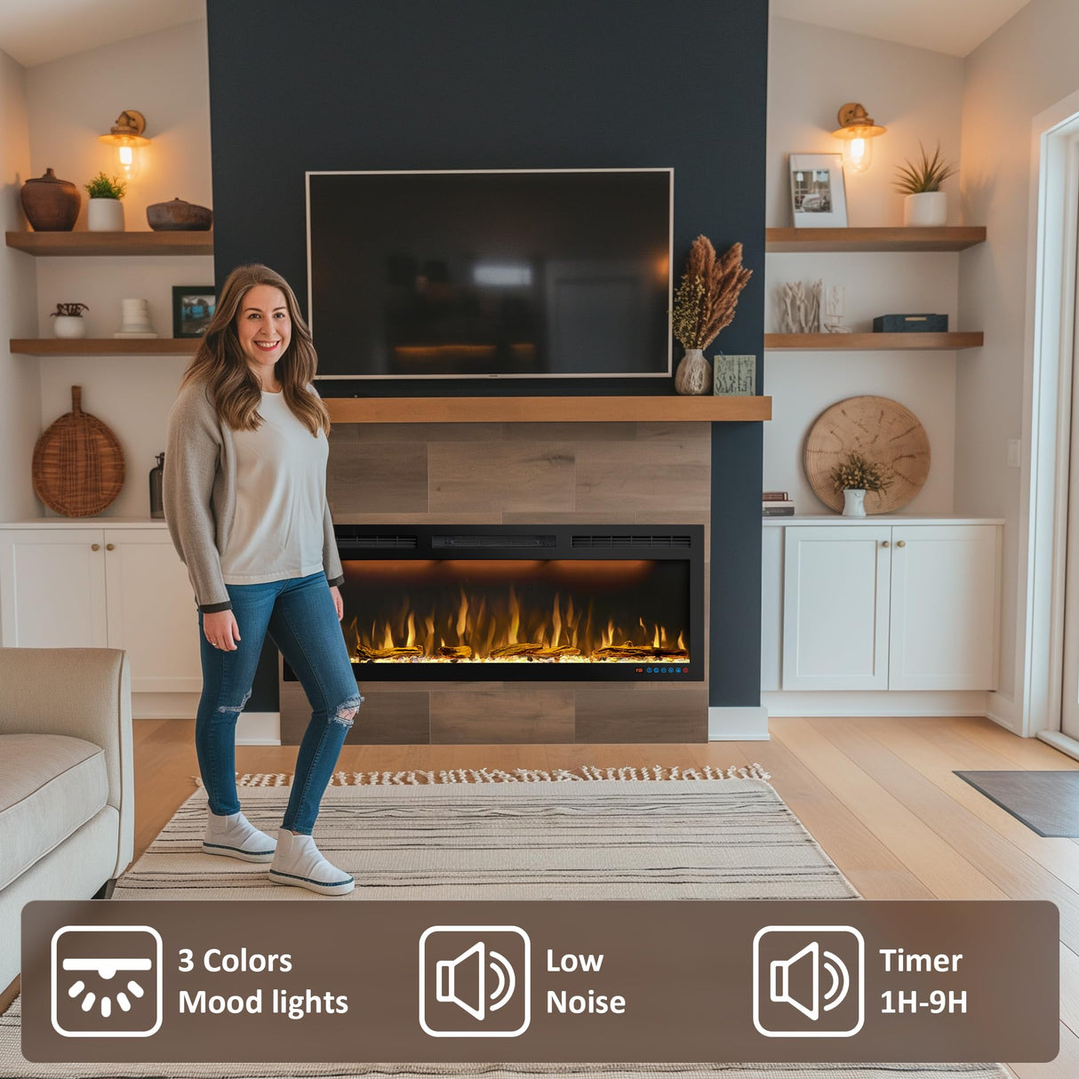 50 inches Electric Fireplace, Recessed and Wall Mounted Fireplace Heater and Linear Fireplace Inserts, with Timer, Remote Control, Adjustable Flame & Light Colors, 750W/1500W, Black Dreamflame