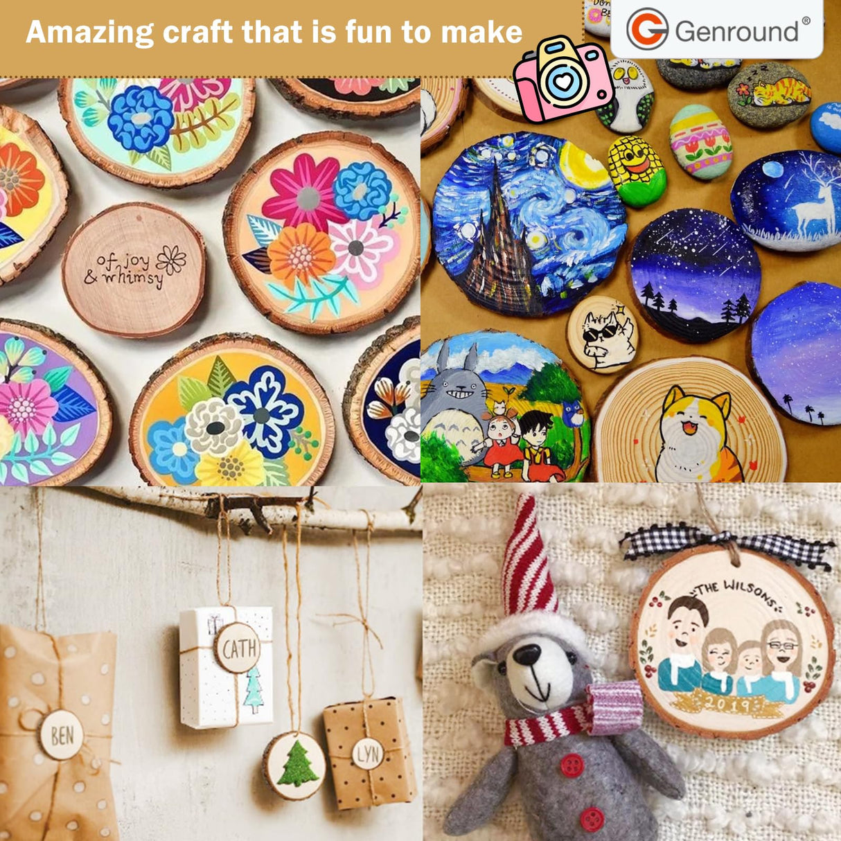 Genround Wooden Crafts Kit for Boys and Girls, Glow in The Dark,20pcs Wood Slices with Painting Craft Activities Kits,Creative Art Toys for Boys and Girls Genround