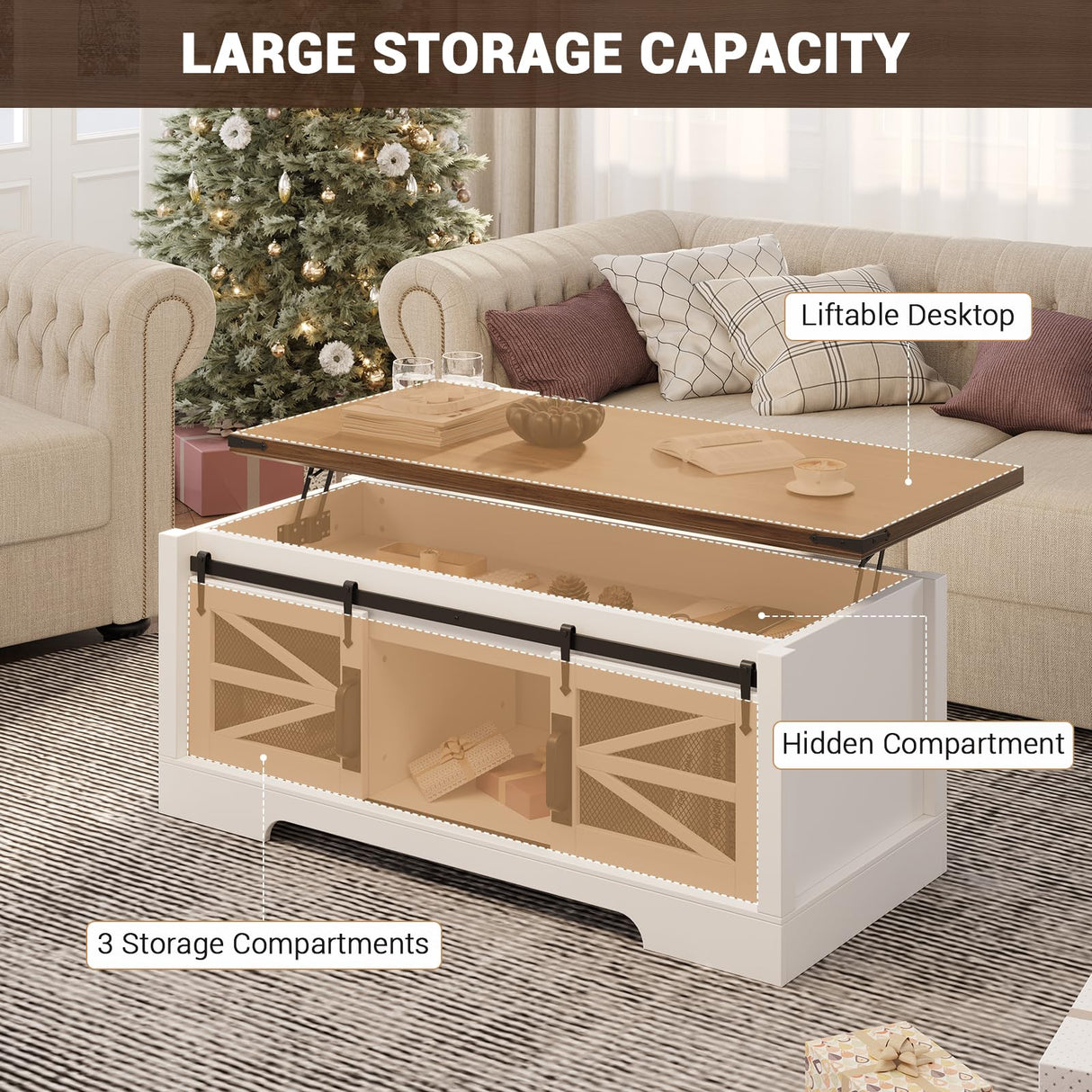 GarveeHome Lift Top Coffee Table, 47.2" Multifunction Coffee Table with Sliding Barn Door, Hidden Storage Compartment, Lifting Table Top and Adjustable Shelf, Farmhouse Rustic Center Dining Table GarveeHome