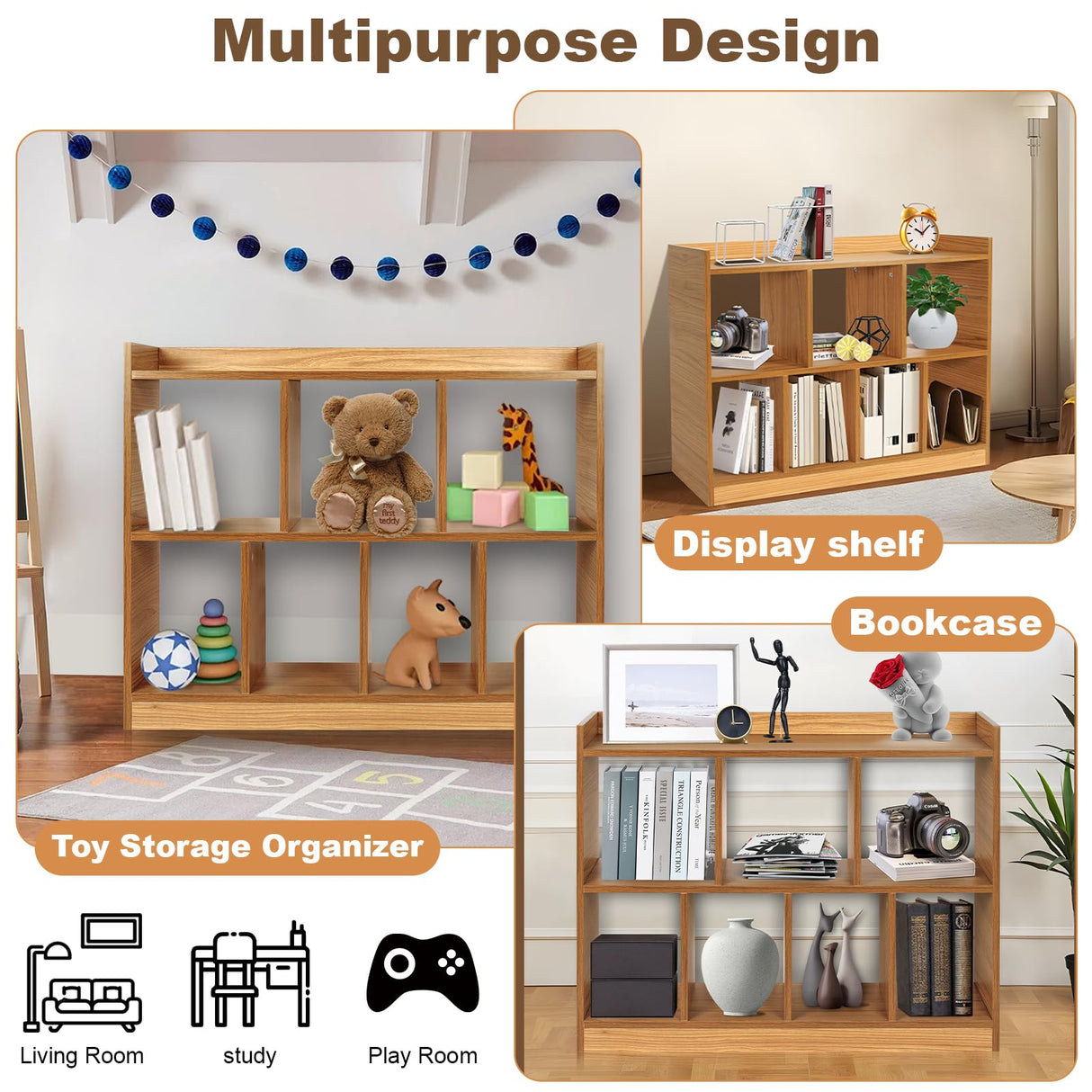 DOUSY- 35.43” Wodden Cube Shelf, 2 Tier Open Shelf Bookcases 7 Cube Bookshelf with Base, Freestanding Cube Storage Shelf Cube Bookcase Display Shelf for Bedroom, Living Room, Home Office DOUSY