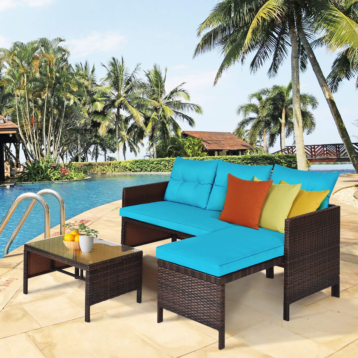 Tangkula Patio Corner Sofa Set 3 Piece, Outdoor Rattan Sofa Set, Includes Lounge Chaise, Loveseat & Coffee Table, Patio Garden Poolside Lawn Backyard Furniture Tangkula