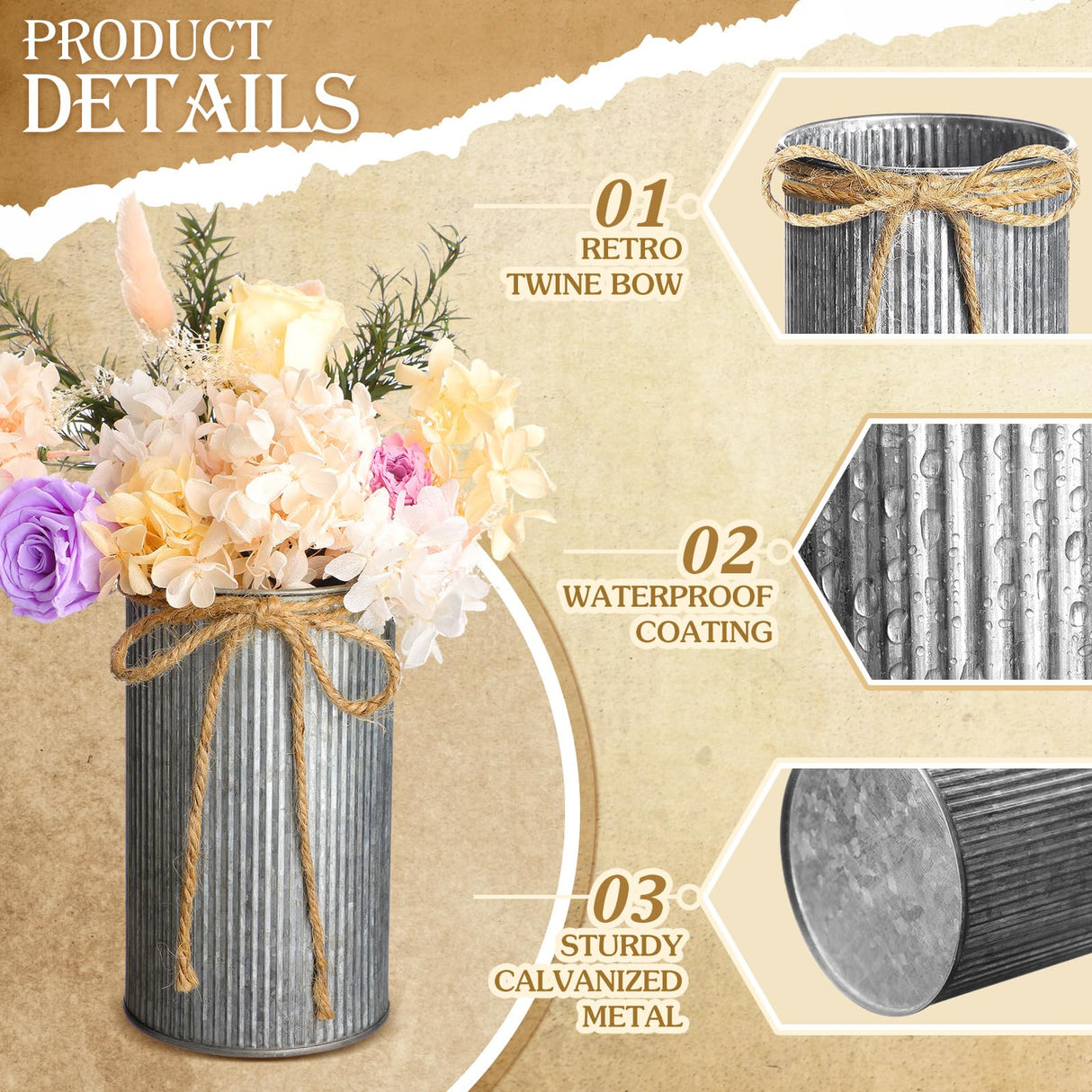 Zonon 3 Pcs Farmhouse Vase Decor with Twine Bow 4.33" Galvanized Flower Bucket 5.91" Metal Pots 7.09" Rustic Decorated Vases for Artificial Flowers Home Table Weddings Decor (Black) Zonon