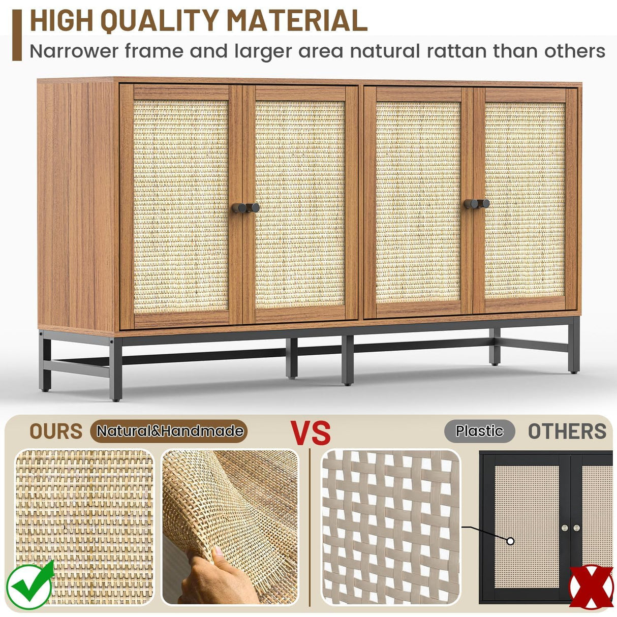 ZLWJGY Credenza Rattan Buffet Cabinet, Sideboard Storage Accent Cabinet with 4 Wicker Doors, Wide Modern Console Cabinet for Kitchen, Living Room and Dining Room, Walnut ZLWJGY