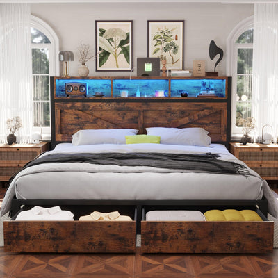 Farmhouse King Bed Frame with Bookcase Headboard and Storage Drawers, LED Lights and Charging Station, No Box Spring Needed, Noise Free, Rustic Brown