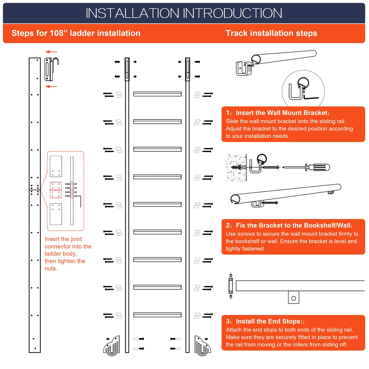 HARDJULAN 108" Black Sliding Library Ladder with 4FT Telescopic Hook Track – Lightweight Aluminum Rolling Ladder with Braking Wheels, Kit for Home, Loft, and Bookshelves HARDJULAN