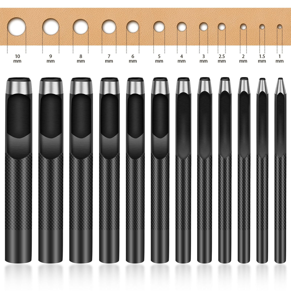 12PCS Leather Hole Punch - Round Steel Leather Craft Hollow Hole Punch, Cutter Tool for Watch Bands, Leather, Belts, Canvas, Paper, Plastics (1mm to 10mm) QMNNMA