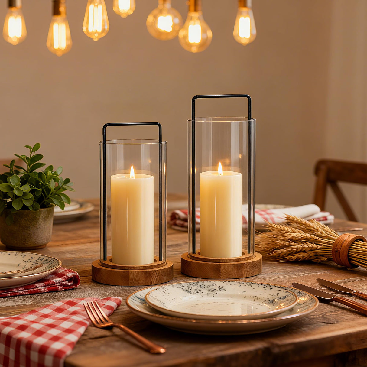 Houmury Set of 2 Hurricane Candle Holders Lantern 12” & 10”with Wood Base Metal Handle Glass Cylinder Modern Farmhouse Decor for Home Decoration, Table Centerpieces Houmury