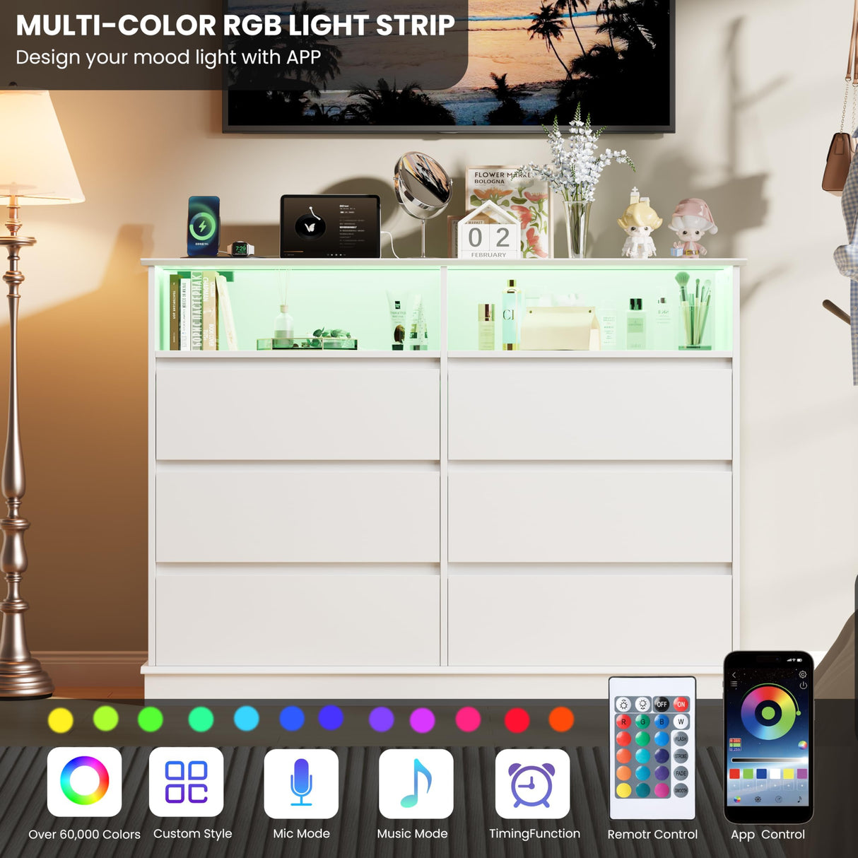 IDEALHOUSE 6 Drawer Dresser for Bedroom with LED Lights & Charging Station, Modern White Dresser with LED for Bedroom, Wide Chest of 6 Drawers with Open Storage Shelf for Living Room, Hallway, Closet IDEALHOUSE