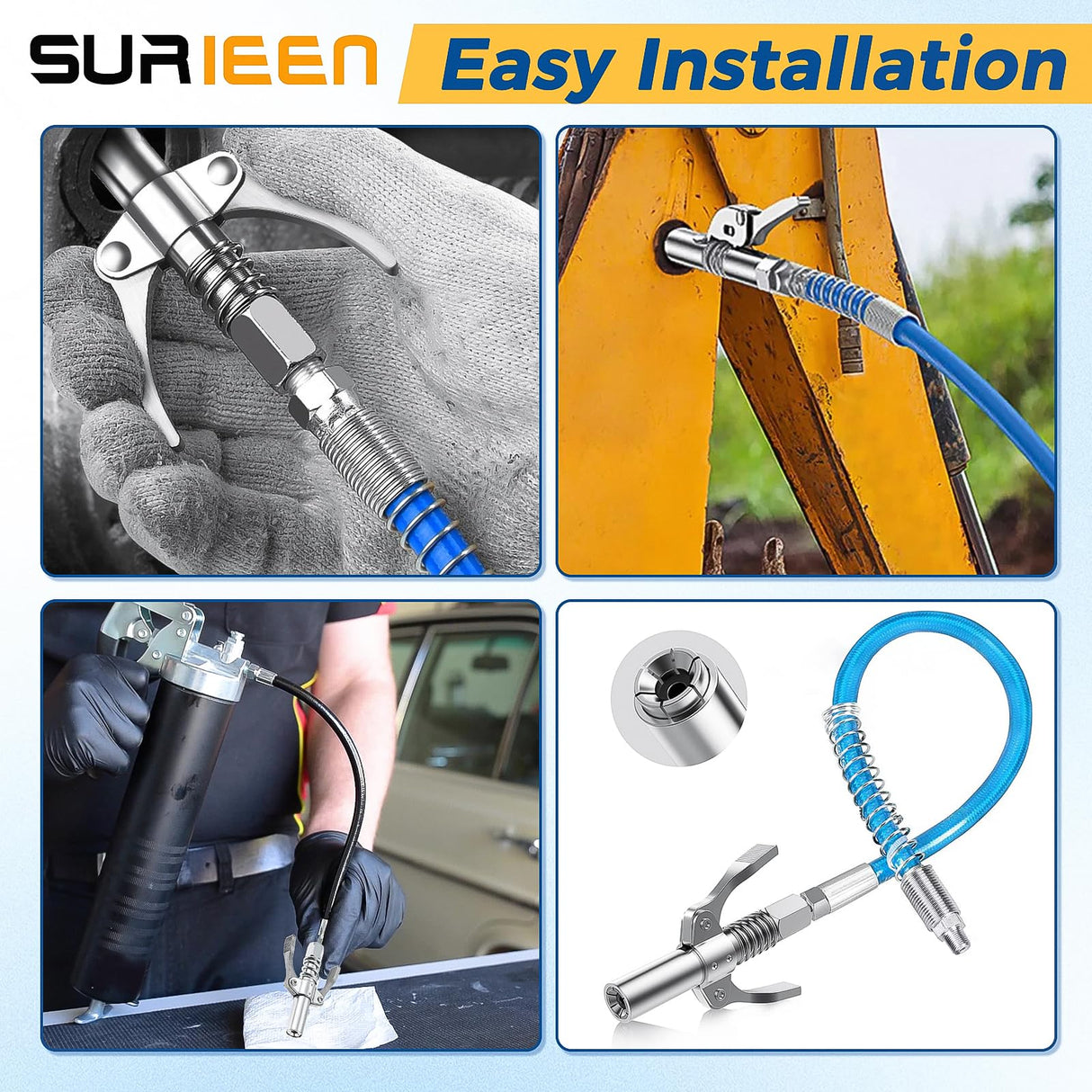 SURIEEN Grease Gun Accessory Kit, 90 Degree Grease Gun Coupler Adapter, Double Handles Grease Gun Coupler, Grease Needle, Needle Tip Dispenser, Fit 1/8" NPT Grease Gun SURIEEN