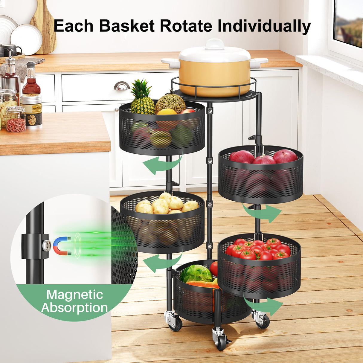 SAYZH Fruit Vegetable Basket for Kitchen, Rotating Storage Rack, 5 Tier Rolling Cart with top lid, Large Metal Wire Wheels, Black SAYZH