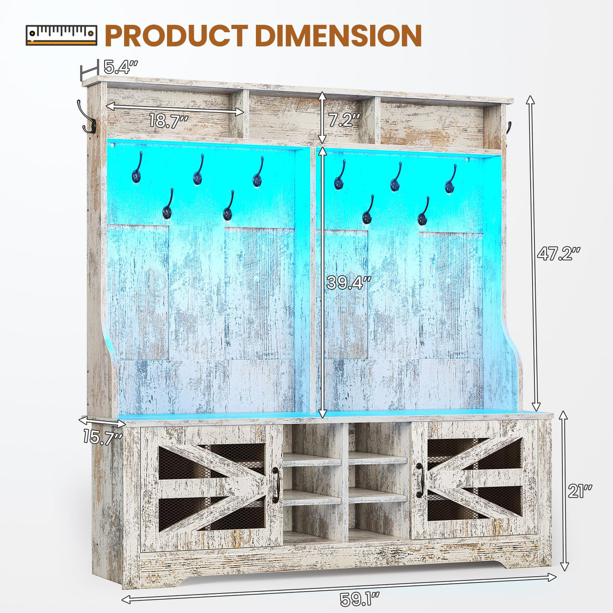 Itaar Hall Tree with Bench and Shoe Storage, 5-in-1 Entryway Bench with Coat Rack, 16 Shoe Cubbies & 12 Coat Hooks, Barn Door & Adjustable Shelf (Vintage White) Itaar