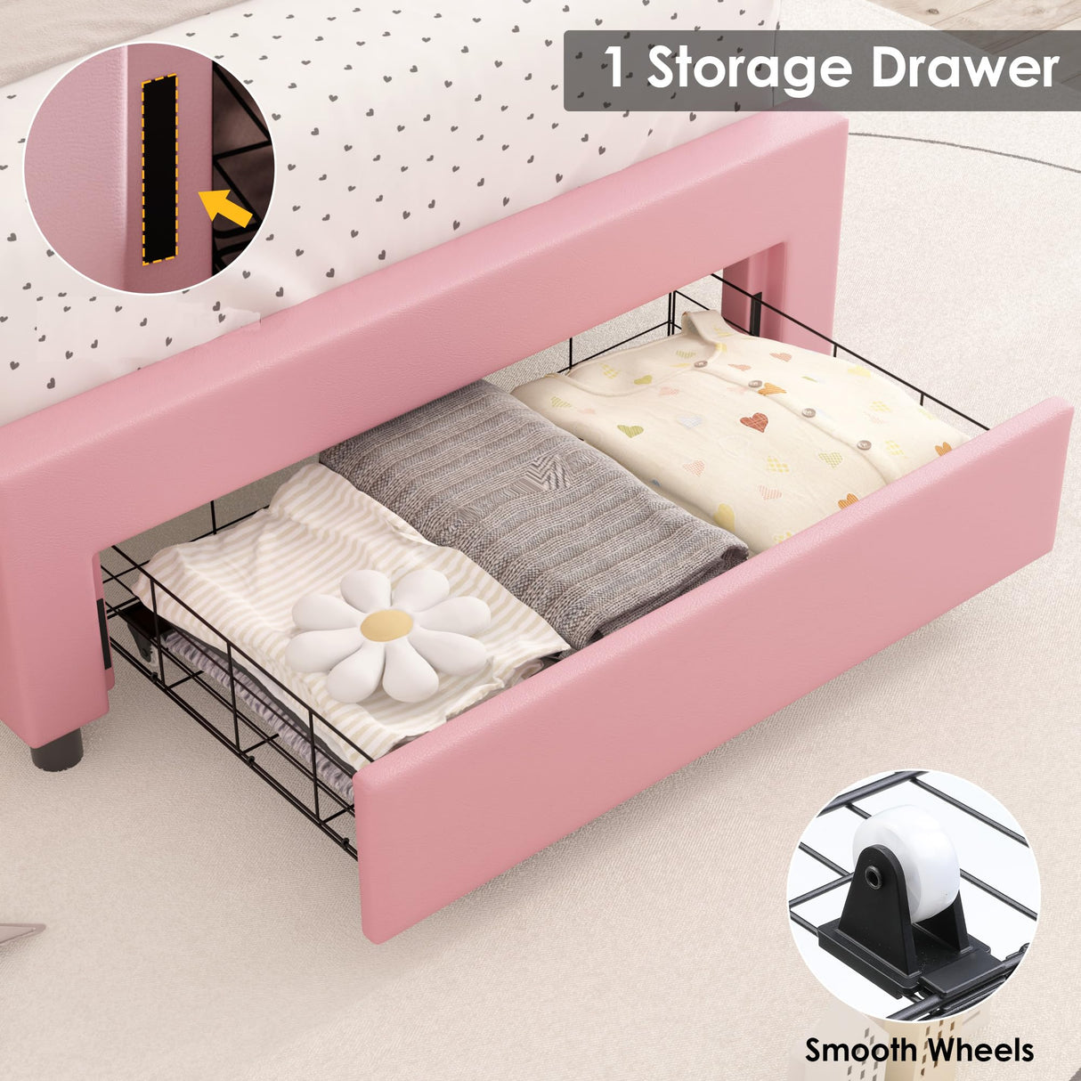 Keyluv Pink Upholstered LED Bed Frame with Storage, Adjustable Crown Headboard and Crystal Tufting Keyluv