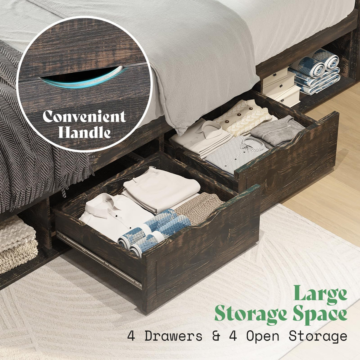 AMERLIFE Farmhouse Bed Frame with 4 Drawers & 4 Open Storage Space, Queen Size Storage Bed with LED Light & Charging Station, Wooden Slats, Noise Free, Rustic Black AMERLIFE