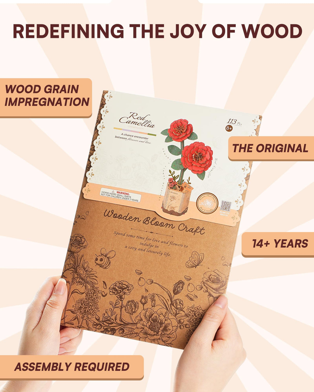 Wowood 3D Flower Wooden Puzzles for Adults-Red Camellia, DIY Wooden Flowers Model Kit Building Set Crafts for Adults to Build, Botanical Collection/Ideal Creative Gift Ideas/Housewarming (113PCS) Wowood