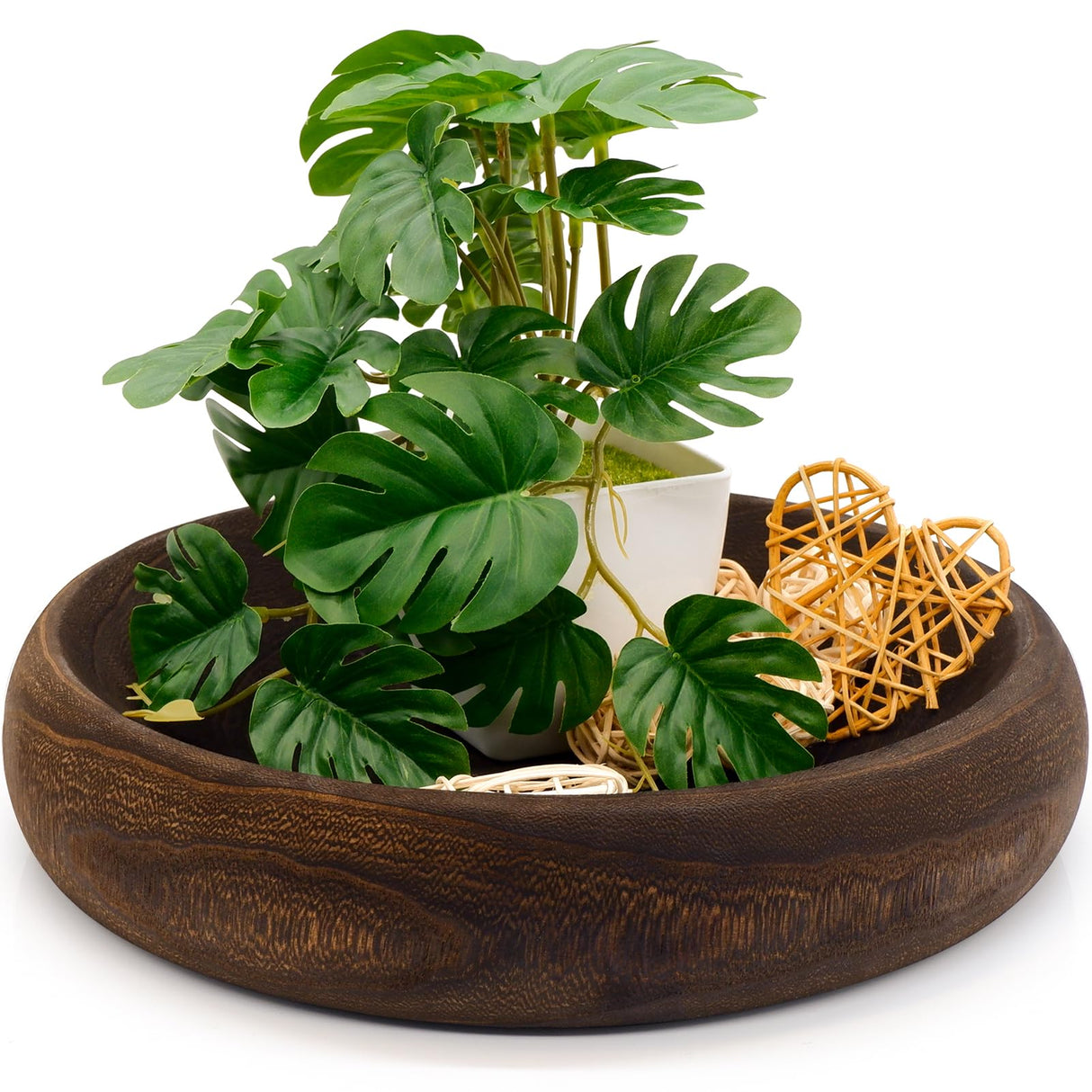 SAMGUYUE Wooden Bowls Round Decorative Paulownia Wood Centerpiece Bowls for Home Decor Blackened Fruit Bowl for Coffee Table Key Tray for Entryway Moss Holder (Black) SAMGUYUE