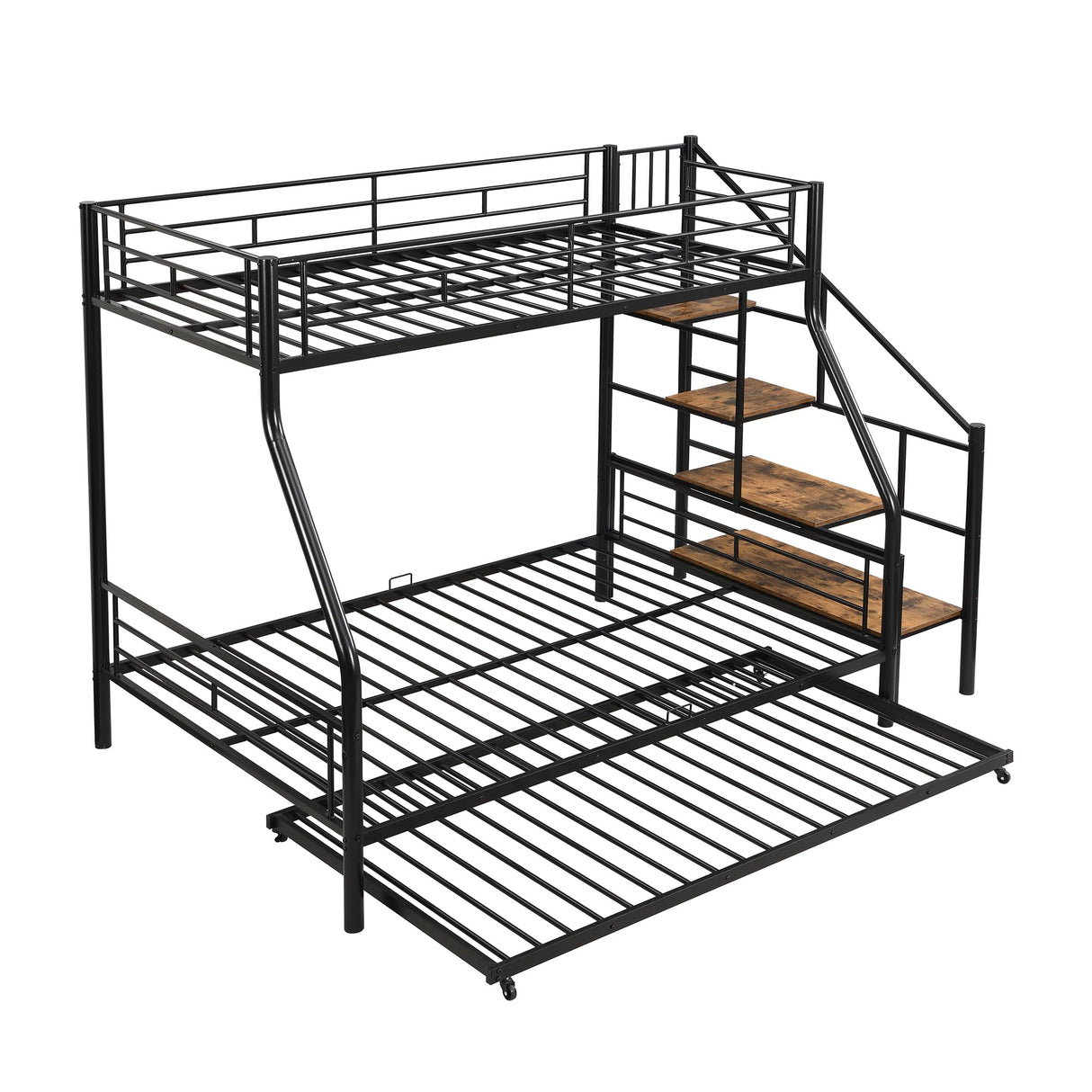 Twin Over Full Metal Bunk Beds with Trundle,Heavy-Duty Metal Bunk Bed Frame with Storage Staircase for Kids,Teens,Adults,Space-Saving,Black Bellemave