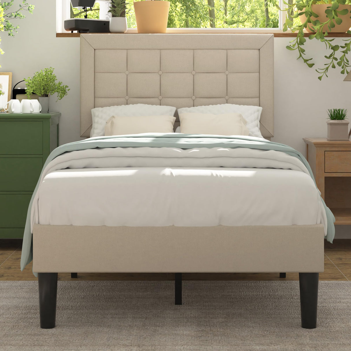 VECELO Twin Size Bed Frame with Adjustable Headboard, Upholstered Button Tufted Platform Bedframe with Wood Slats Support, No Box Spring Needed, Beige VECELO