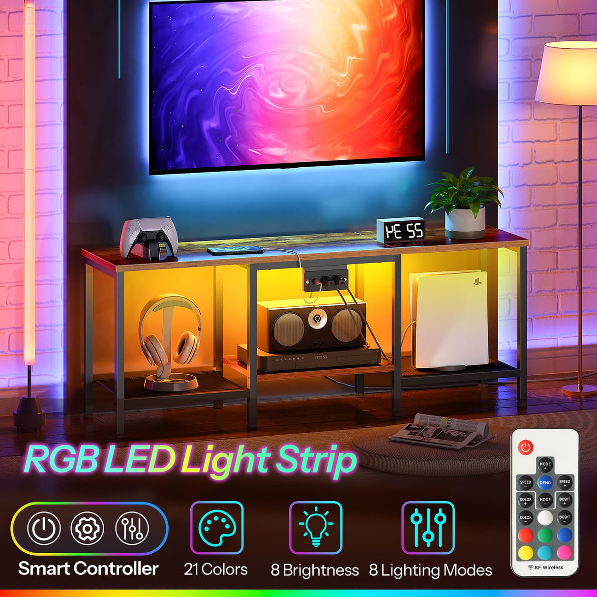 HOOBRO TV Stand with Charging Station to 55 Inches, LED Entertainment Center, Media TV Console Table with Open Storage Shelving for Living Room, Bedroom, Rustic Brown and Black BF122UDDS01 HOOBRO