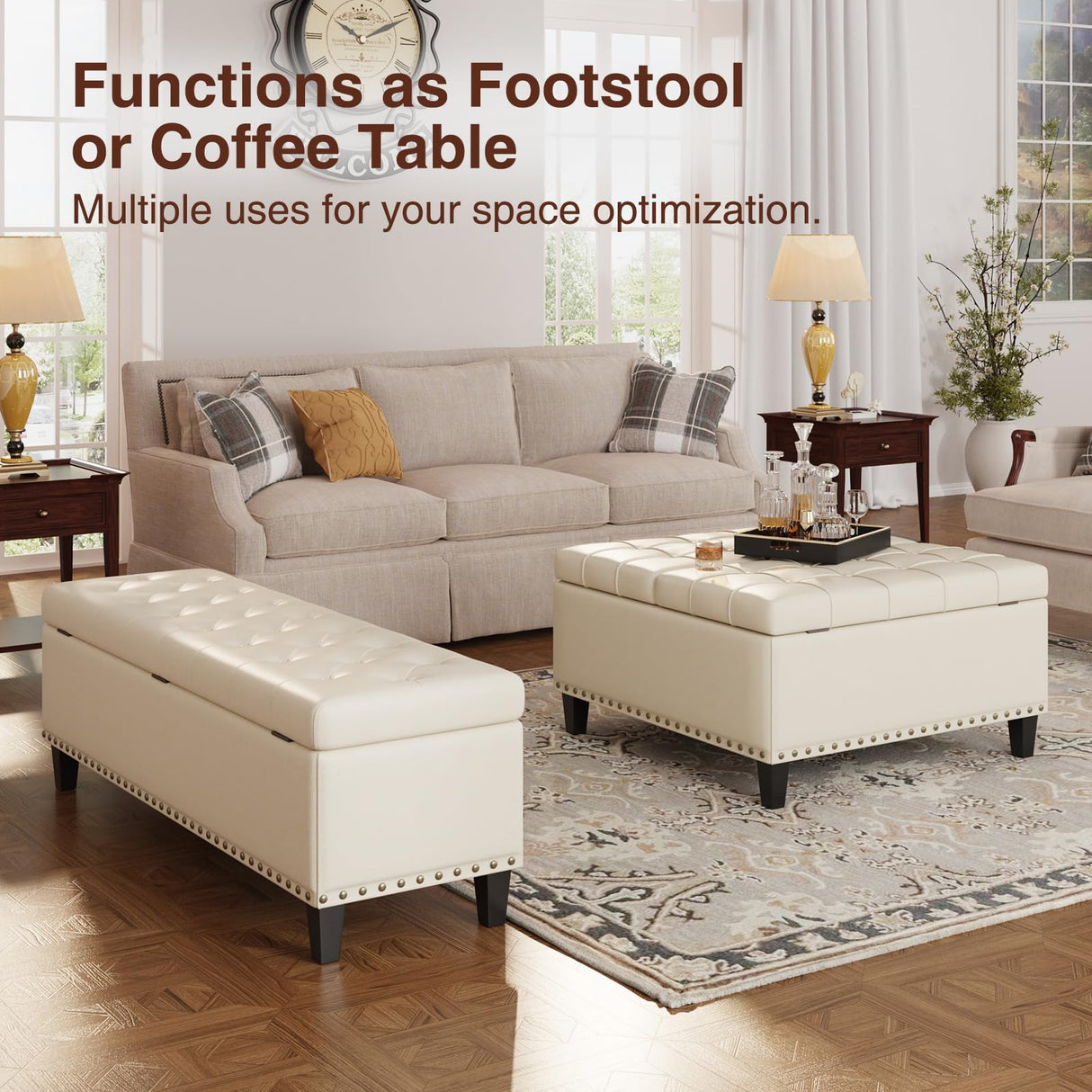 Storage Bench, 51-Inch Storage Ottoman Bench, 30 Gallons, Large Storage Ottoman, Modern Faux Leather Ottoman With Storage For Living Room, Bedroom, Entryway, Hallway, Office, Cream White FiveWillowise