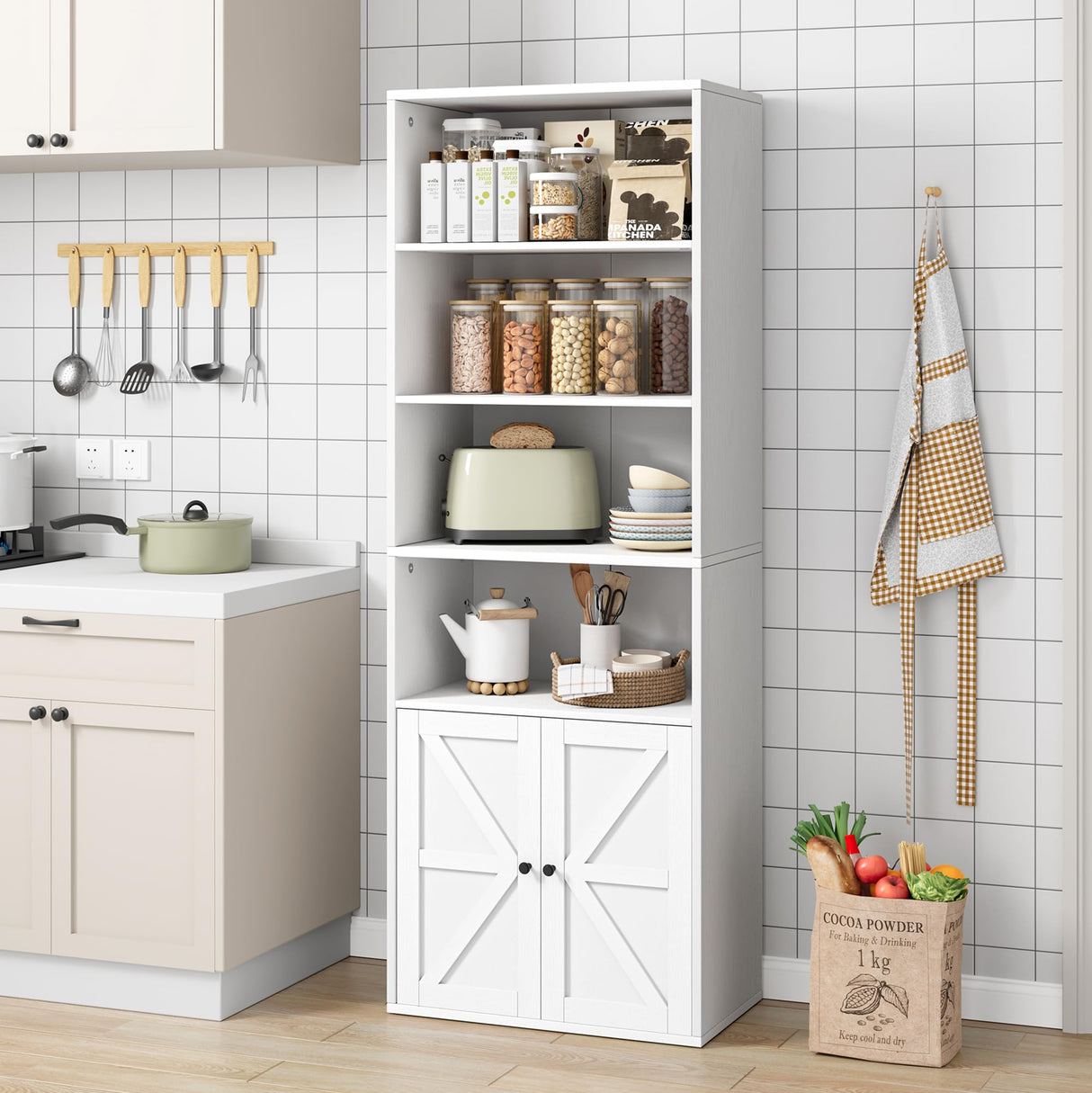 GAOMON Farmhouse 71.4in Tall Bookshelf with Doors - Multi-Functional Wooden Storage Display with 6 Shelves in Grey GAOMON