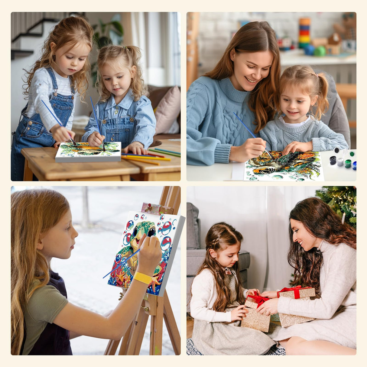 MXJSUA 4 Pack Cute Cartoon Turtle Paint by Numbers Kit with Framed Canvas for Ages 6-12 Kids, Paint by Numbers Kits for Children Beginners, Acrylic Oil Painting for Home Wall Decor Gift (8x8 inch) MXJSUA