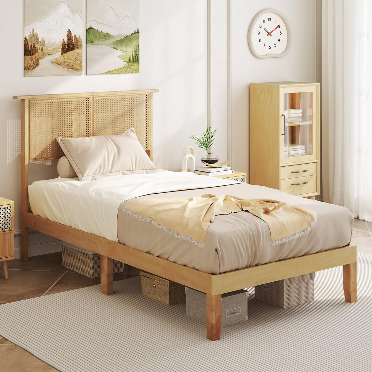 KOMFOTT Twin Size Wood Platform Bed Frame with Rattan Headboard, Boho Rubber Wood Bed Frame with Plywood Slats & Under-Bed Storage, Platform Bed Frame, Mattress Foundation, No Box Spring Needed KOMFOTT