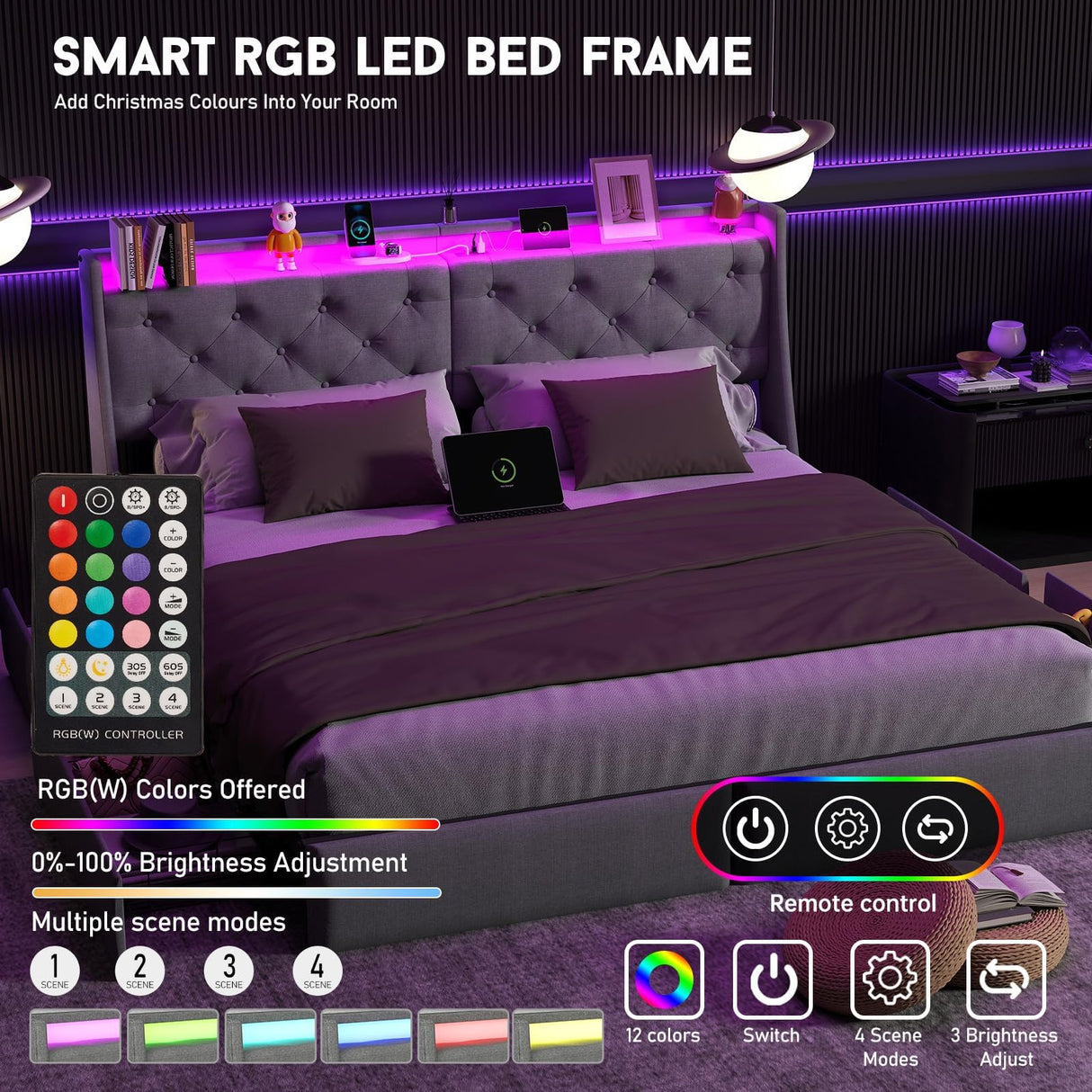 King Size Bed Frame with LED Lights and Charging Station, Upholstered Platform Bed with Storage Headboard and 4 Drawers, Metal Slat Support, Noise-Free, No Box Spring Needed, Easy Assembly, Gray UINTAI