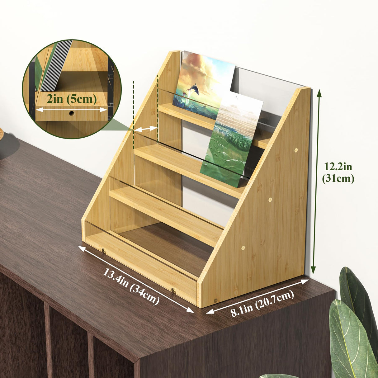 NiHome 4-Tier Bamboo & Acrylic Greeting Card Display Stand for Cards, Photos, Postcards - Durable Stylish Showcase Organizer with High-Transparency Panels for Home, Wedding & Keepsakes NiHome