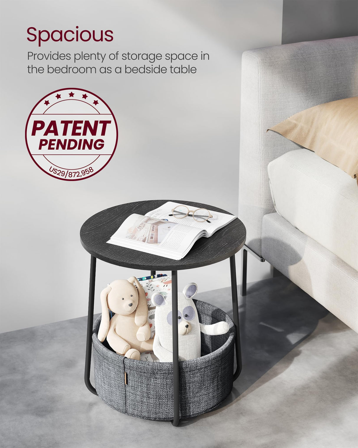 VASAGLE End Table, Small Bedside Table with Fabric Basket, Modern Nightstand, Round Side Table, for Living Room, Bedroom, Ebony Black and Slate Gray ULET223B01 VASAGLE
