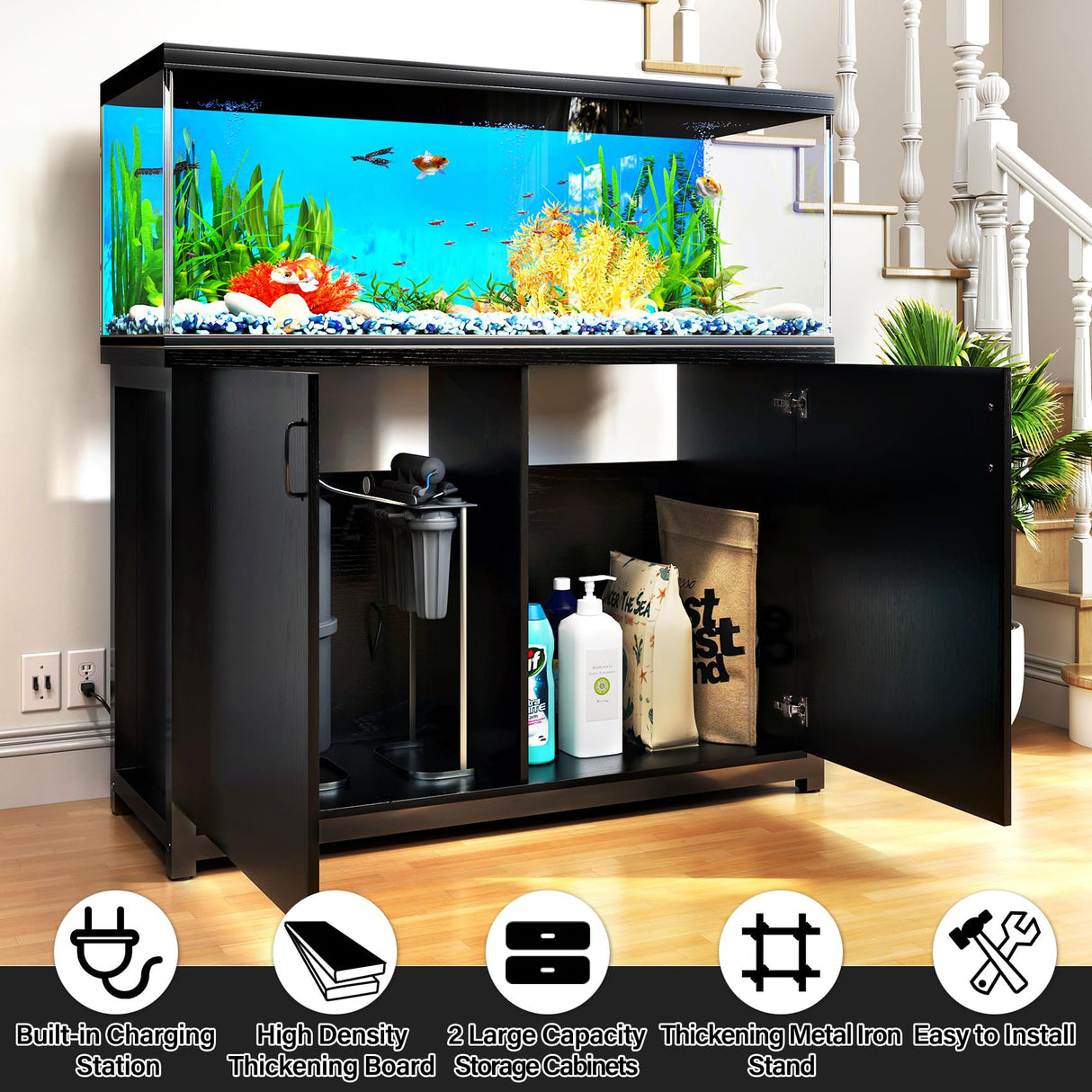 TC-HOMENY 55-75 Gallon Aquarium Stand with Charging Station, 1200lb Load Capacity, Metal Fish Tank Stand with Large Storage Cabinet and Cable Holes, 51" L x 19.5" W Tabletop, Fit for Living Room TC-HOMENY