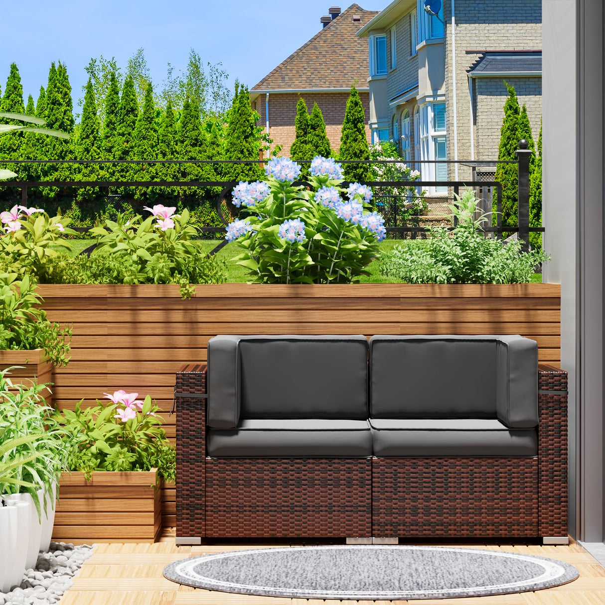 Amopatio Outdoor Patio Couch, Rattan Patio Furniture Set with Non-slip Cushion, 2 Pieces Outdoor Armrest High Back Sectional Sofas Suitable for Terrace, Poolside, Garden, Gery Amopatio