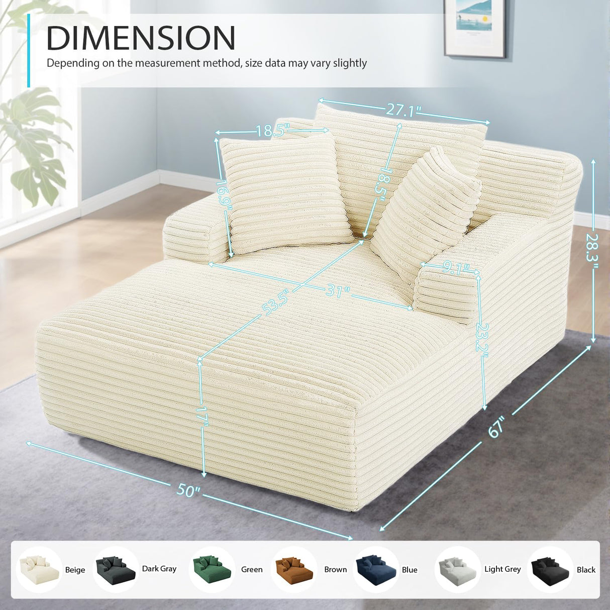 67 Inch Chaise Lounge Chair Indoor, Oversized Corduroy Upholstered Boneless Sofa Bed, Deep Seat Sleeper Couch Reading Chairs, Cloud Sofas Couches for Living Room, No Assembly Required (Beige) HANXIN