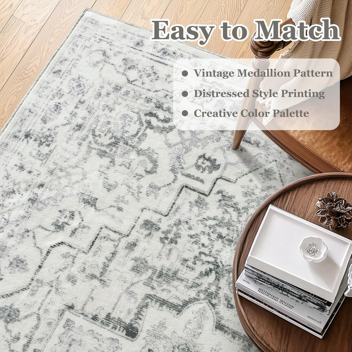 Jainmy Distressed Farmhouse 5x7 Area Rugs for Living Room Bedroom Non Slip Washable, Medallion Pattern Printed Low Pile Thin Carpet Rugs for Dining Room/Kitchen/Home Office, Off White/Grey Jainmy