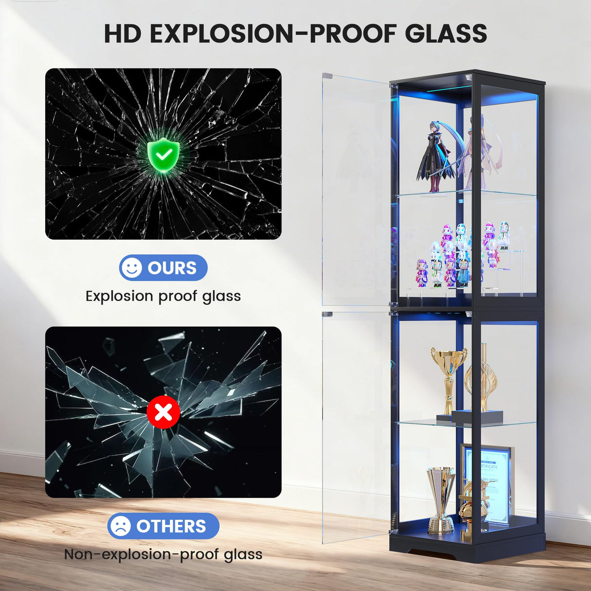 Glass Display Cabinet with Doors, 65" Tall 4-Tier Curio Display Case with 3 Color Lights and Human Body Sensor, Bookcase for Collectibles, Black TAGELIER