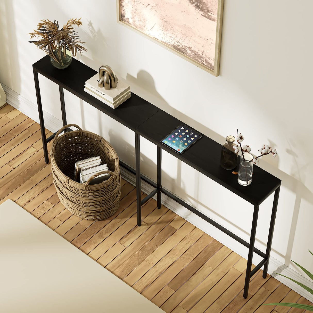 SONGXIN 63" Console Table,Modern Narrow Long Sofa Table Behind Couch,Skinny Entry Table with Black Metal Frame for Living Room, Hallway,Classic Black SONGXIN