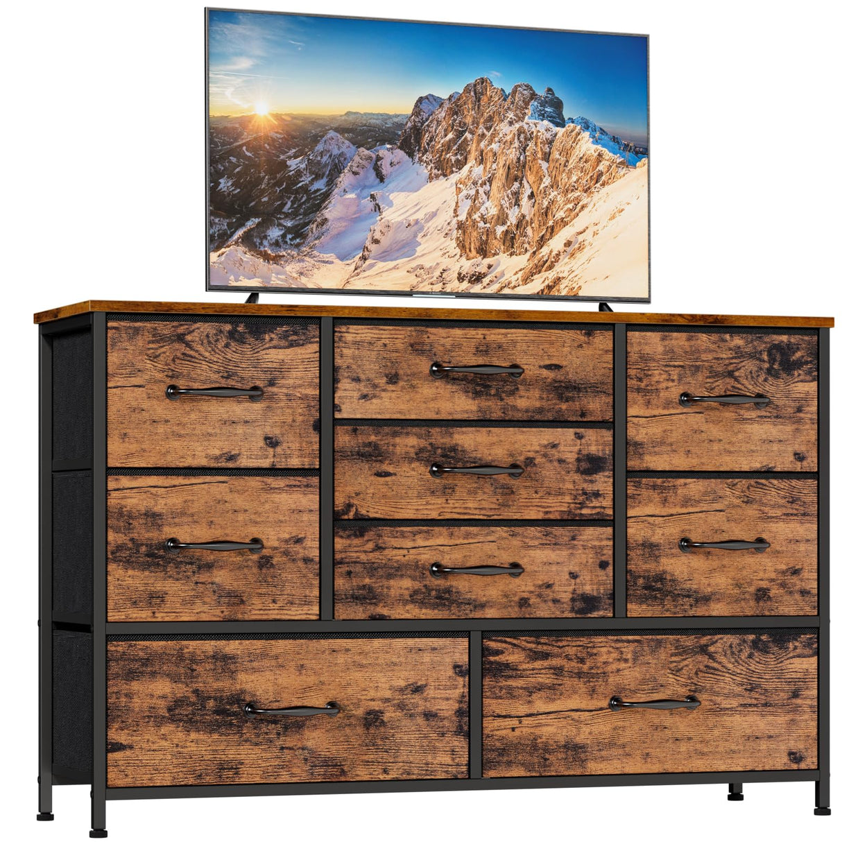 Furnulem Wide Dresser with 9 Large Drawers for 55'' Long TV Stand Entertainment Center,Wood Shelf Storage for Bedroom,Living Room,Closet,Entryway,Sturdy Metal Frame (Rustic Brown Furnulem