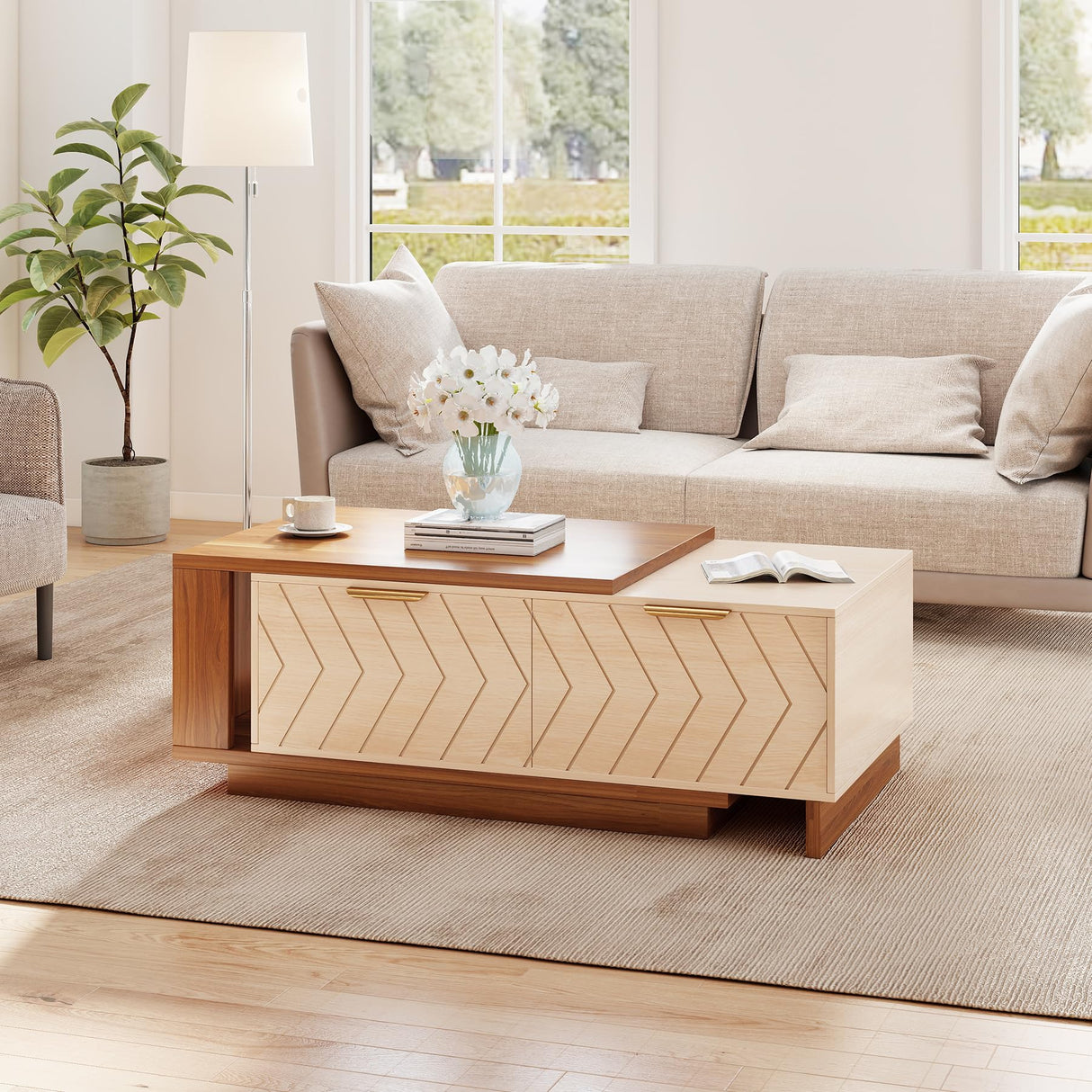 Aivermeil 42"- 65" Extendable Coffee Table with Storage, Reversible Wood Coffee Table with 2 Drawers, Two-Tone Large Adjustable Center Table for Living Room, Office (Walnut A) Aivermeil