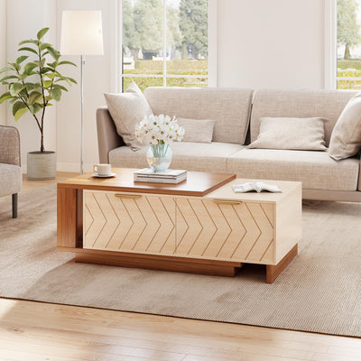 Aivermeil 42"- 65" Extendable Coffee Table with Storage, Reversible Wood Coffee Table with 2 Drawers, Two-Tone Large Adjustable Center Table for Living Room, Office (Walnut A)