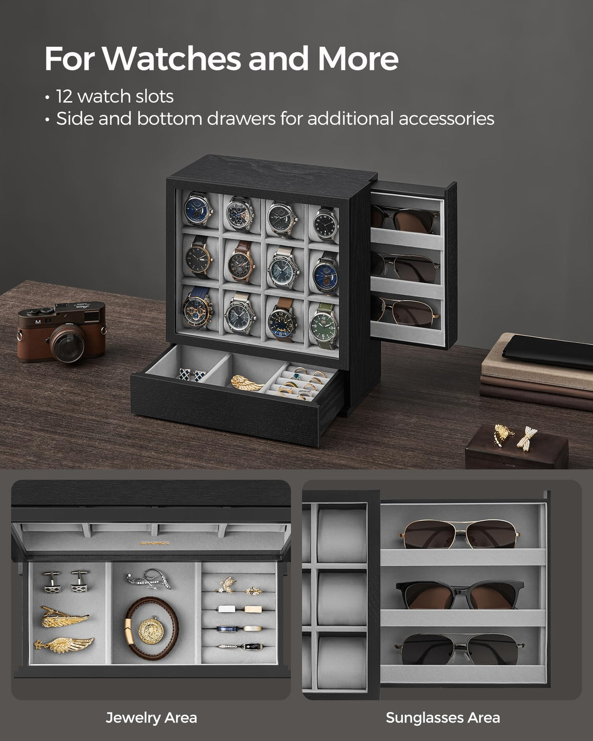 SONGMICS 12-Slot Wooden Watch Box, Watch Display Case with Window, Watch Display Cabinet with Solid Wood Veneer, Velvet Lining, Vertical Storage, SONGMICS