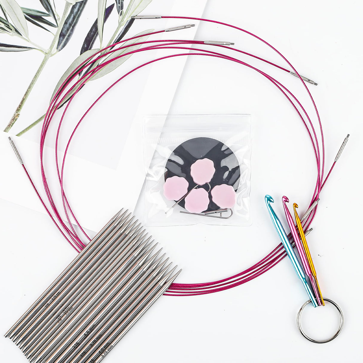 Froggod 4.5-Inch Aluminum Lace Interchangeable Circular Knitting Needle Set, Sizes US 1, 1.5, 2, 2.5, 4, 5, 6, 7 Interchangeable Knitting Needles Lace-Tip with 4 Assorted Cables with Project Bag Froggod