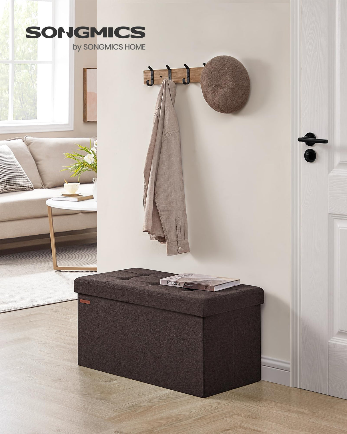 SONGMICS Mazie Collection - 30 Inches Folding Storage Ottoman Bench, Ottoman Foot Rest, End of Bed Bench, Storage Chest, Load 660 lb, for Living Room, Bedroom, Entryway, Brown ULSF047K02 SONGMICS