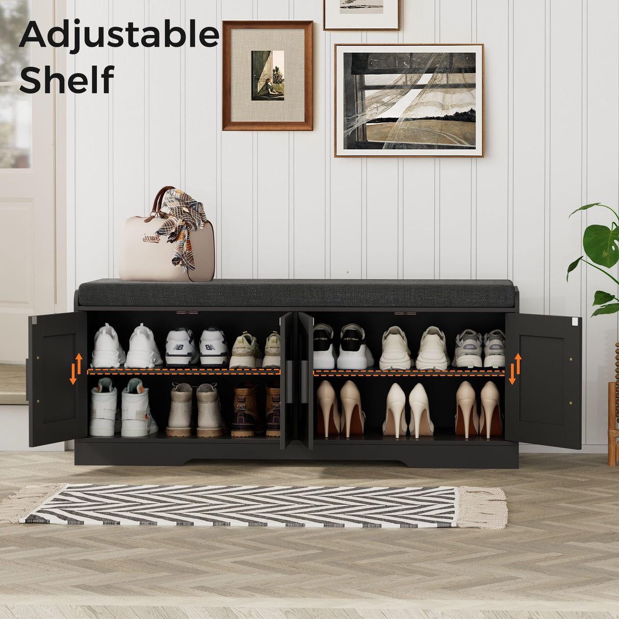 Homleke 2-Tier Storage Bench, Shoe Bench with Thickened Padded Seat Cushion, Entryway Bench with 4 Doors, Adjustable Shelf, 13.8" D x 45.3" W x 18.5" H, for Entryway, Living Room, Bedroom, Black Homleke